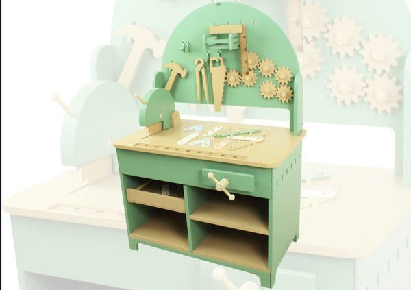 Wooden workbench in baby blue
